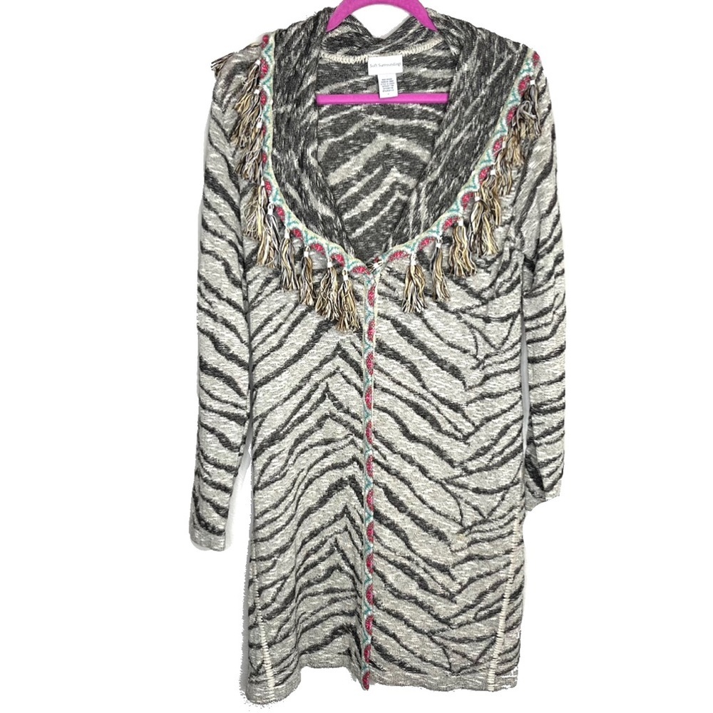 Soft Surroundings Gray Animal Stripe Long Cardigan Sweater Fringe Detail Size S
